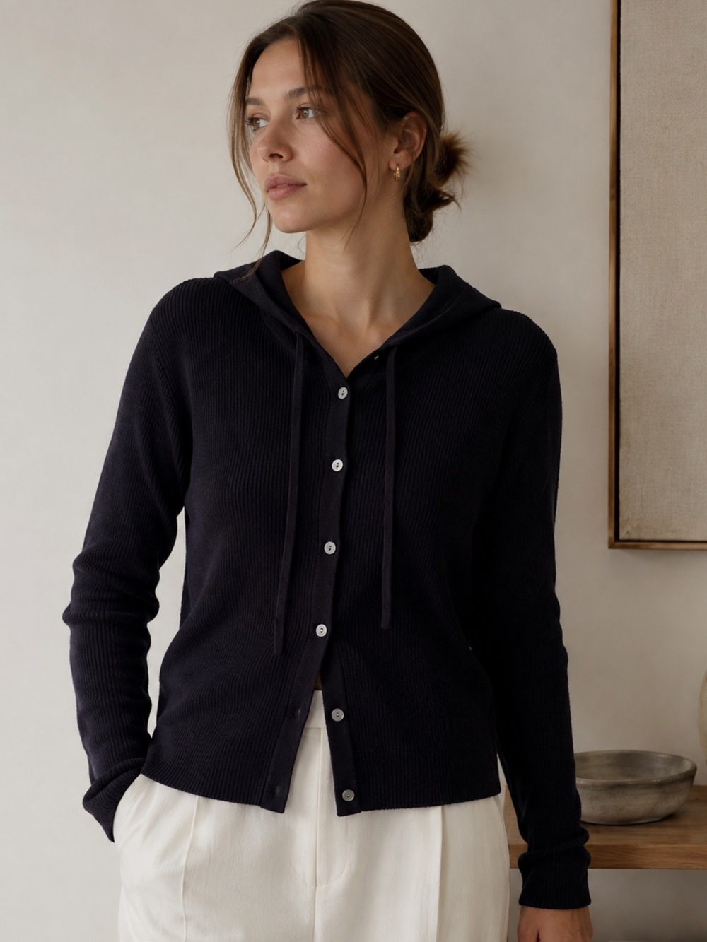 Theory Ribbed Hooded Cardigan Navy Cotton Blend Quiet Luxury Women L Minimalist